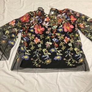 ⚘️ MARC BOUWER Tank w/ Sheer Black Floral Embroidery M New!